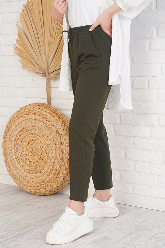 String Detailed Elastic Waist Slim Fit Khaki Pants