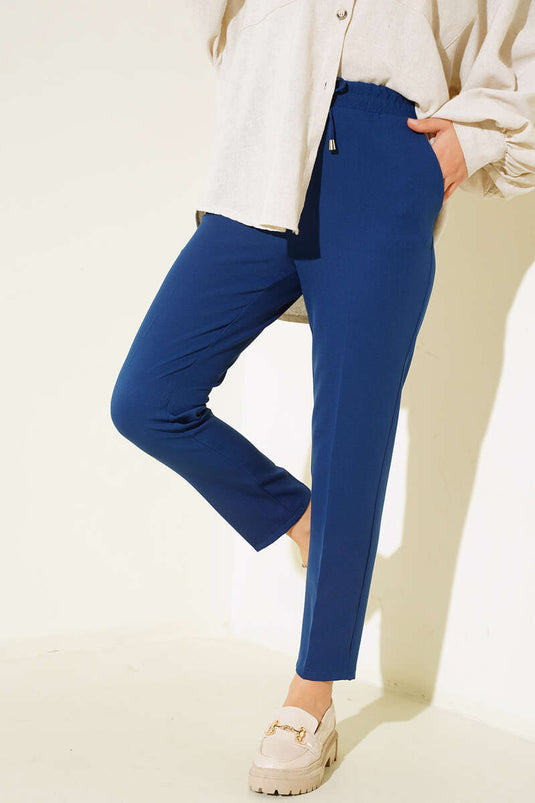 String Detailed Elastic Waist Slim Fit Indigo Pants