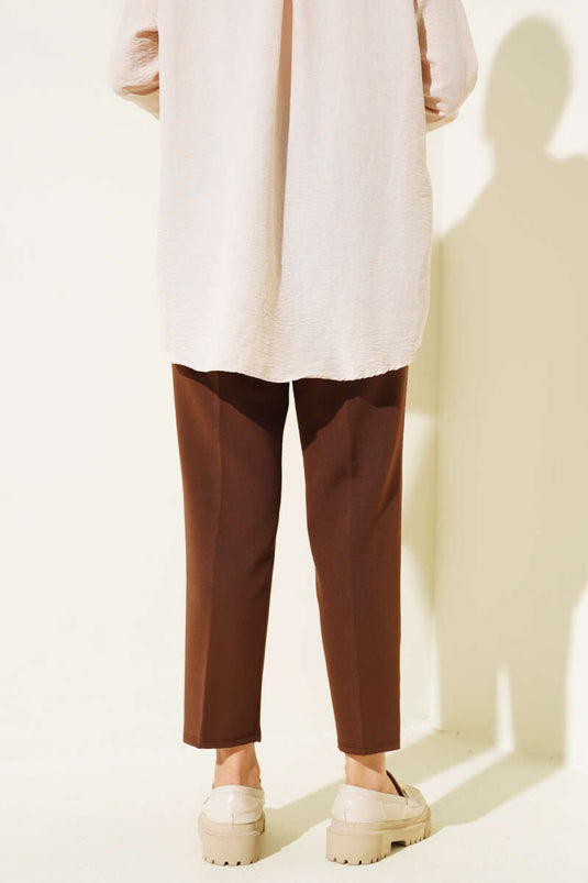 String Detailed Elastic Waist Slim Fit Brown Pants