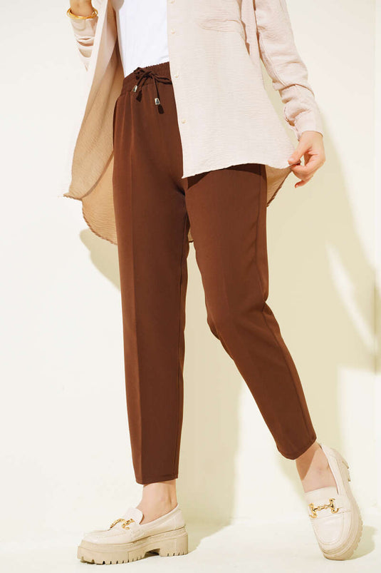 String Detailed Elastic Waist Slim Fit Brown Pants