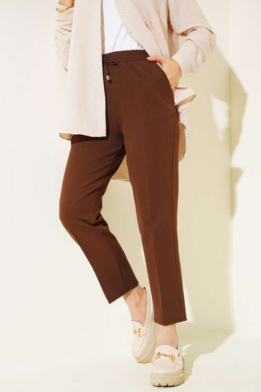 String Detailed Elastic Waist Slim Fit Brown Pants