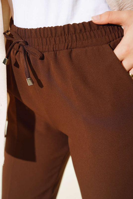 String Detailed Elastic Waist Slim Fit Brown Pants