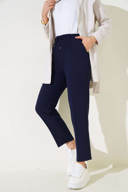 Navy Blue Slim Fit Pants with Drawstring and Elastic Waist