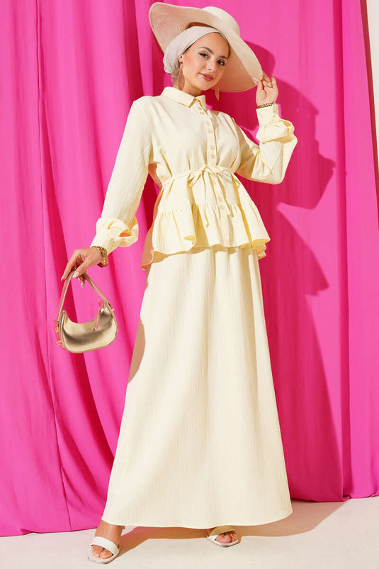 Rope Belted Tree Bark Skirt Two Piece Set Yellow