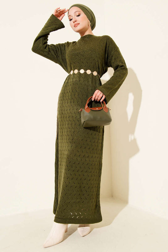 Robe en maille ajourée avec ceinture en corde, kaki