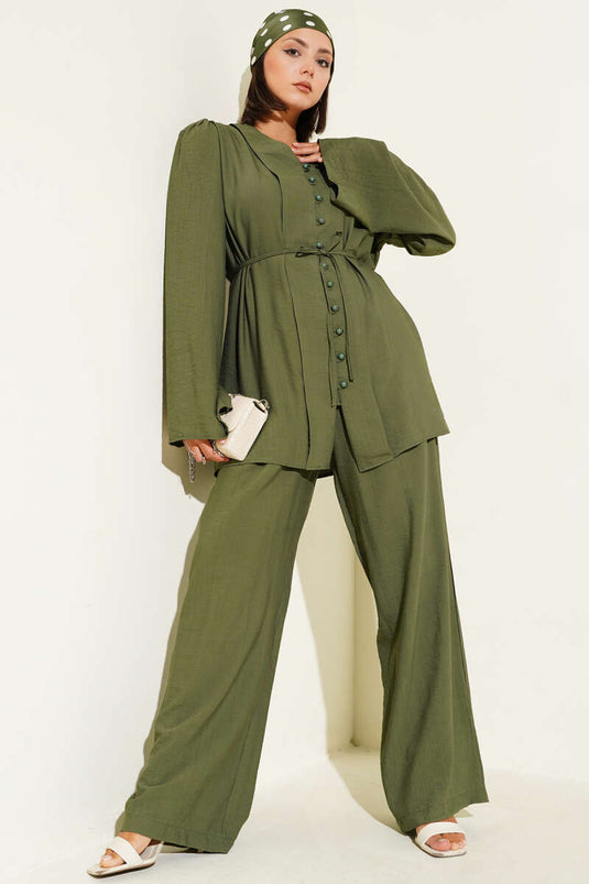 Rope Belted Brit Buttoned Two Piece Suit Khaki
