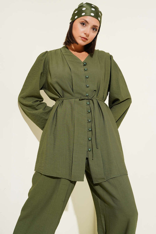 Rope Belted Brit Buttoned Two Piece Suit Khaki