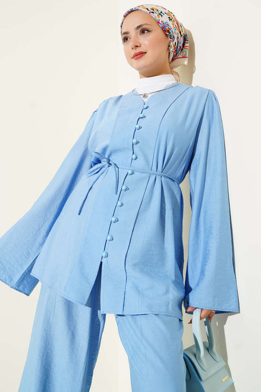 Two-Piece Set with Belt and British Button Closure, Blue