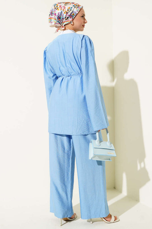 Two-Piece Set with Belt and British Button Closure, Blue