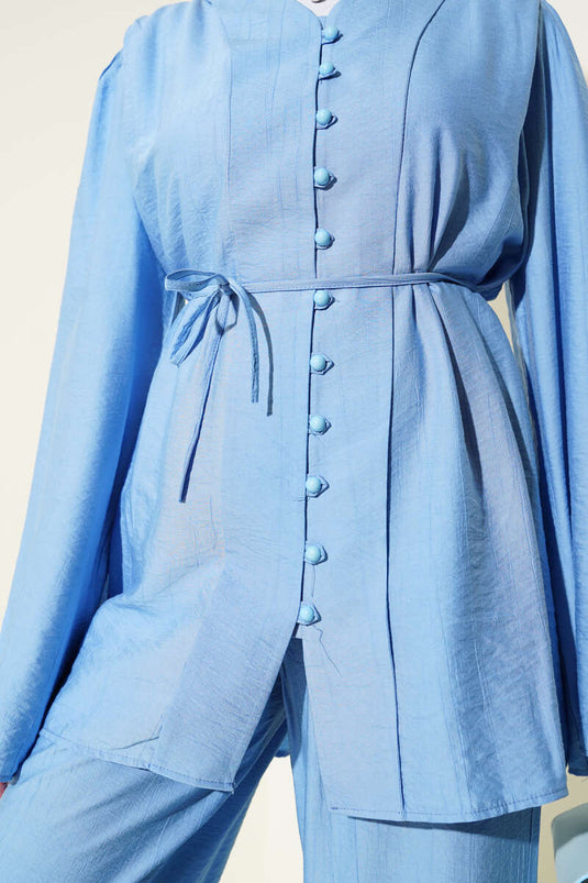 Two-Piece Set with Belt and British Button Closure, Blue