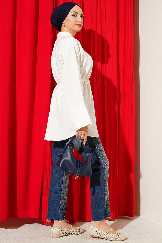 Chemise en modal à manches larges avec ceinture en corde, couleur écru