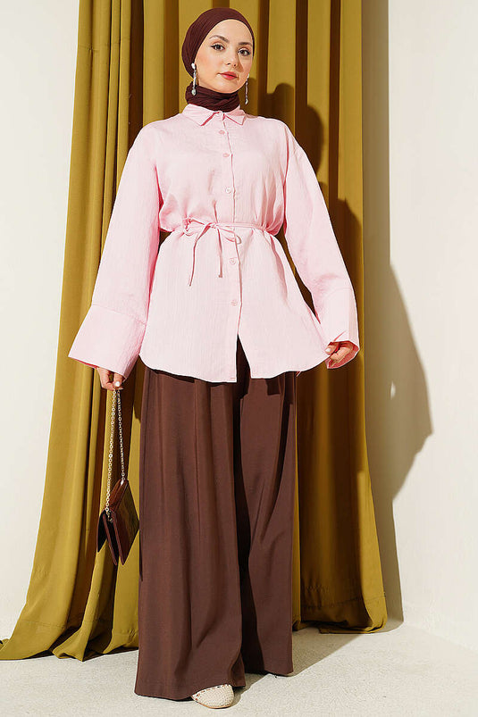 Chemise en modal à manches larges avec ceinture en corde rose