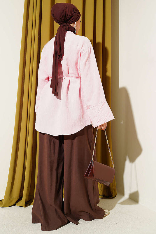 Chemise en modal à manches larges avec ceinture en corde rose