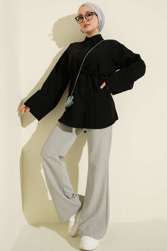 Zwarte wijde mouwen modal overhemd met koordceintuur