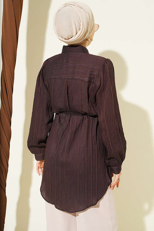 Chemise À Ceinture Tressée À Rayures En Brun Épicé