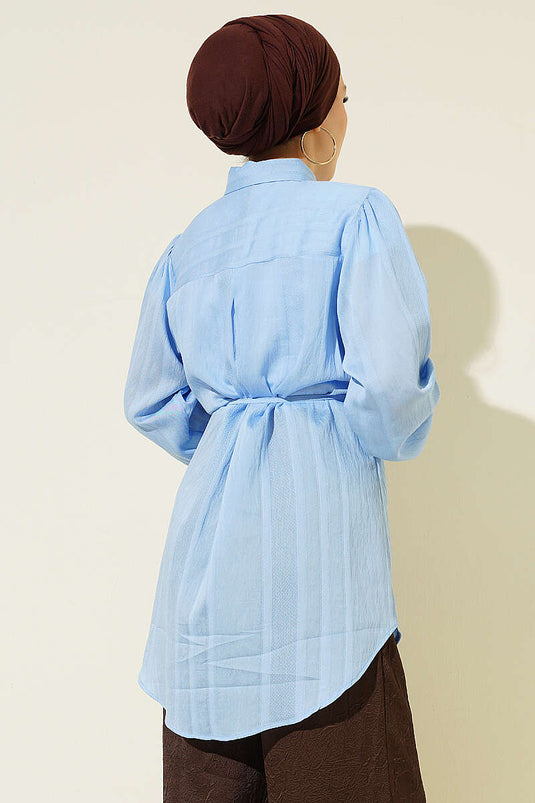 İp Kuşaklı Kabartma Çizgili Gömlek Mavi