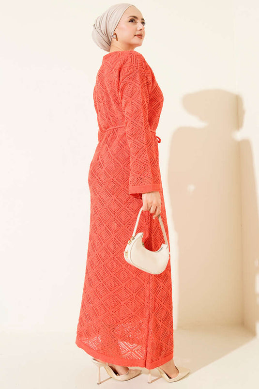 Abito in maglia a quadri traforati con cintura a corda color rosa antico