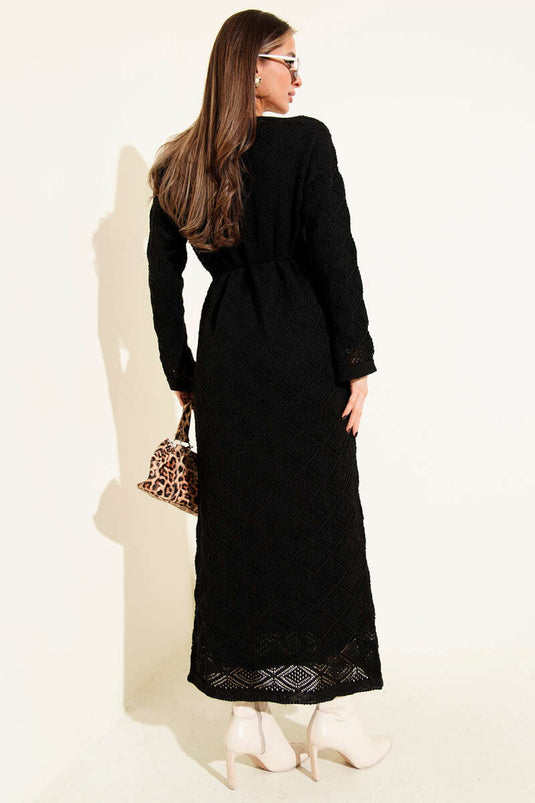 Rope Belt Square Openwork Knit Dress Black