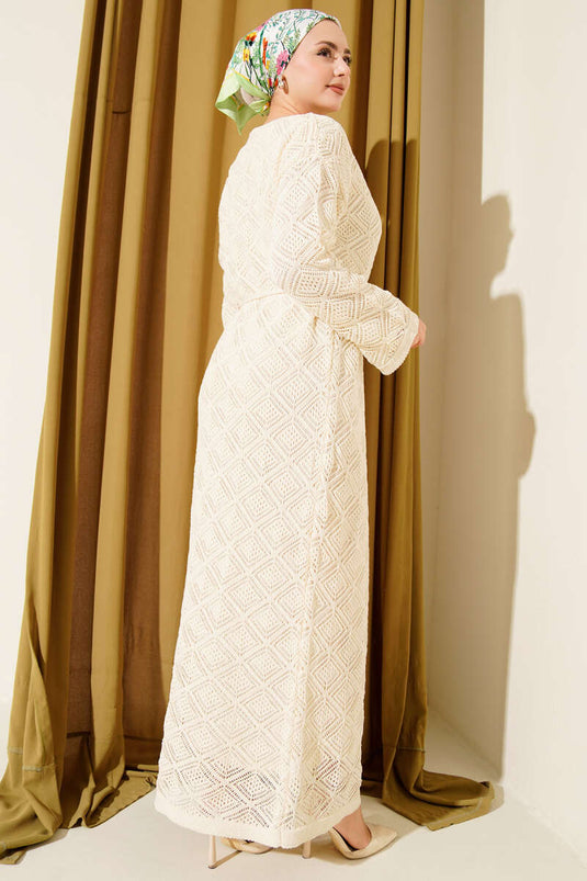 Rope Belt Square Openwork Knit Dress Stone