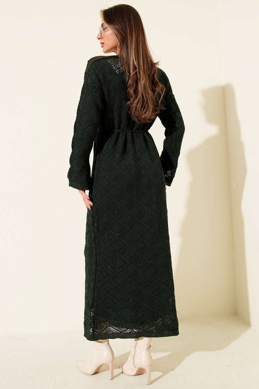 İp Kuşaklı Kare Ajurlu Triko Elbise Zümrüt