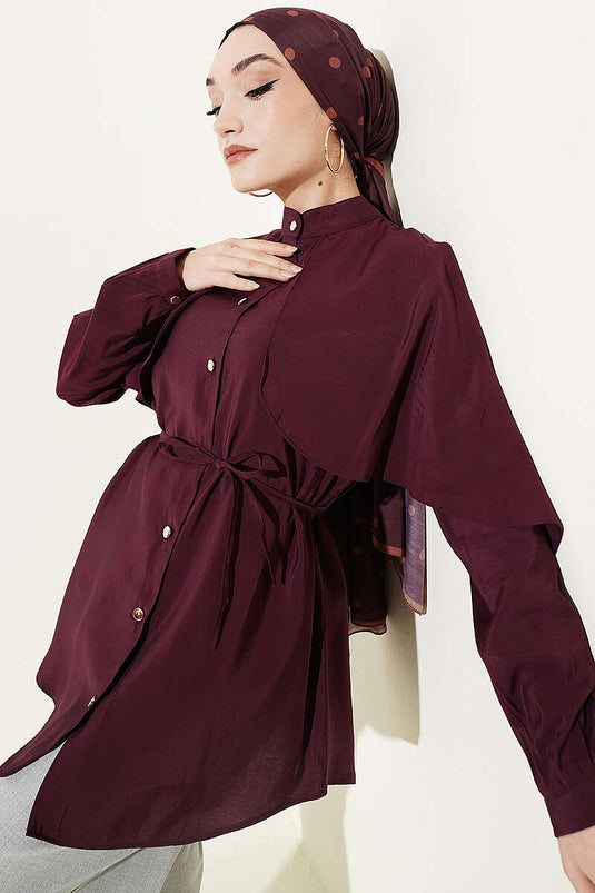 Camicia con maniche a mantella e cintura a corda, bordeaux