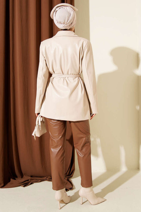 Beige Double-Breasted Leather Jacket with Drawstring