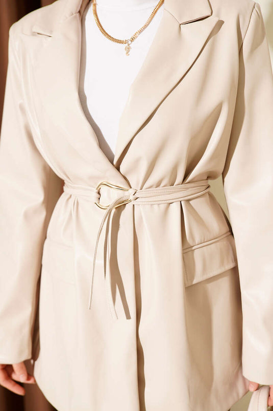 Beige Double-Breasted Leather Jacket with Drawstring