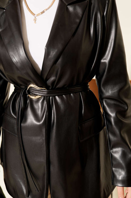 Black Double-Breasted Leather Jacket with Drawstring