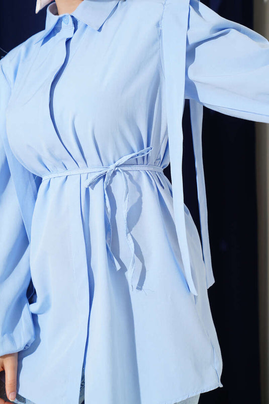 Rope Belted Shoulder Cape Shirt Baby Blue
