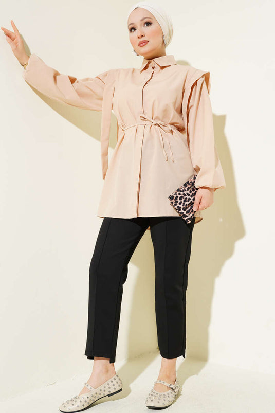 Rope Belted Shoulder Cape Shirt Beige