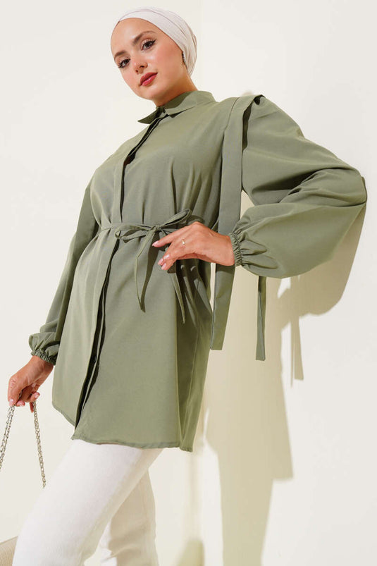 İp Kuşaklı Omuz Pelerinli Gömlek Çağla Yeşili