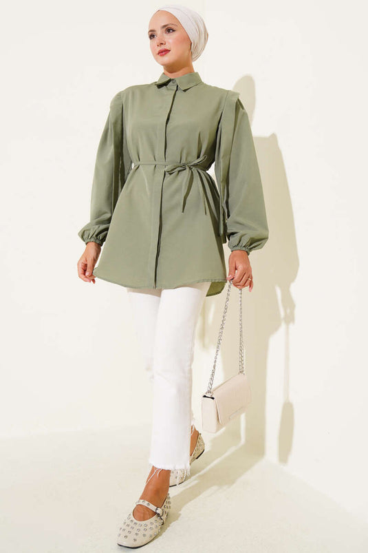 İp Kuşaklı Omuz Pelerinli Gömlek Çağla Yeşili