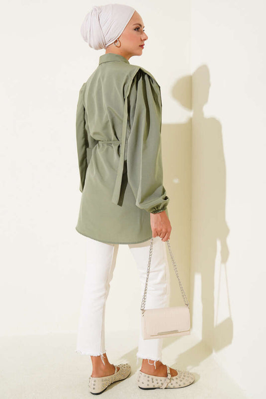 İp Kuşaklı Omuz Pelerinli Gömlek Çağla Yeşili