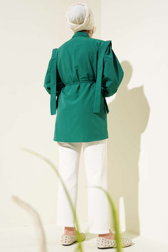 قميص عباءة بحزام على الكتف، لون زمردي