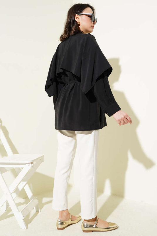 Rope Belted Shoulder Cape Tencel Shirt Black