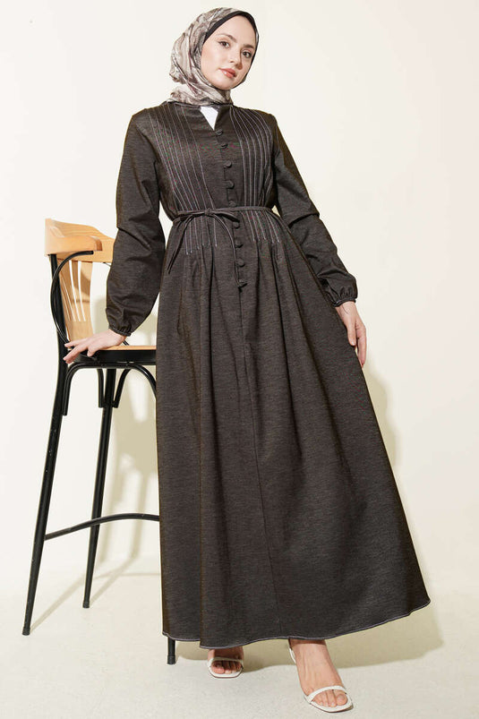 Denim Dress with Front Pleats and Rope Belt Brown