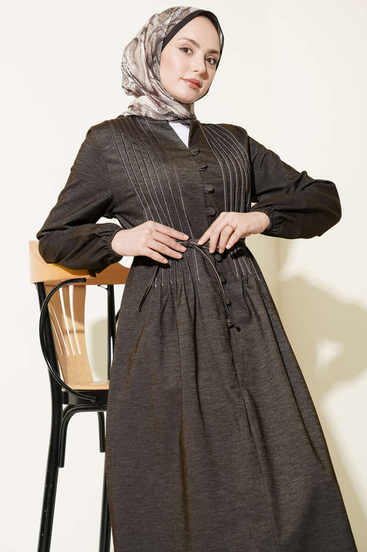 Denim Dress with Front Pleats and Rope Belt Brown