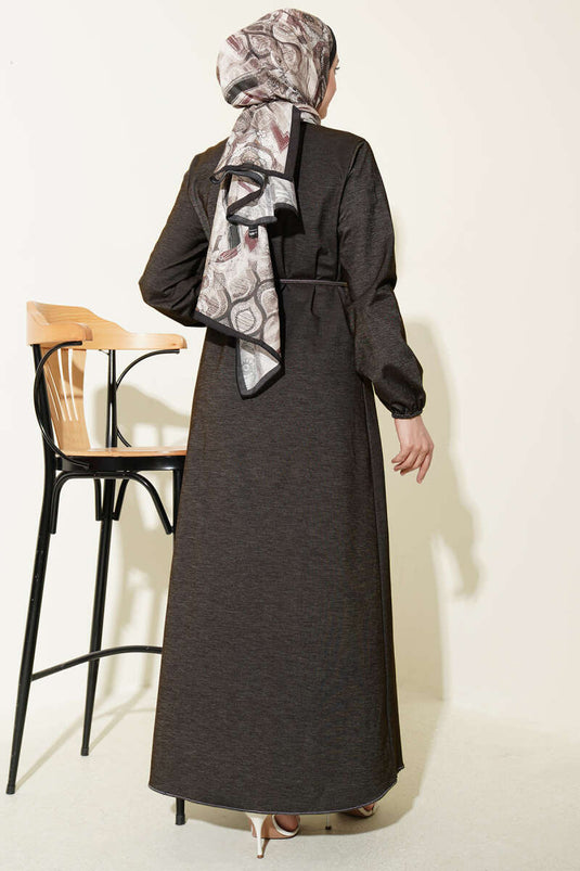 Denim Dress with Front Pleats and Rope Belt Brown
