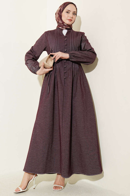Denim Dress with Front Pleats and Rope Belt in Burgundy
