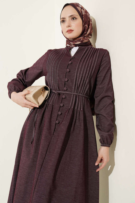 Denim Dress with Front Pleats and Rope Belt in Burgundy