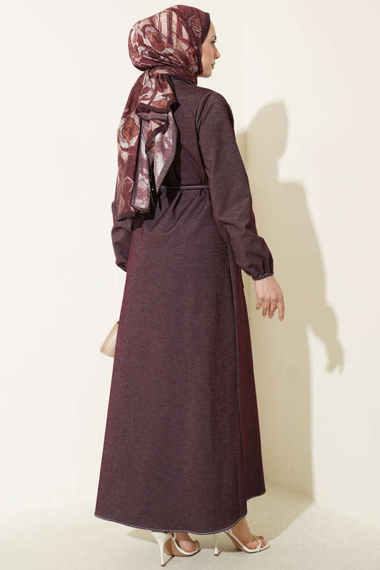 Denim Dress with Front Pleats and Rope Belt in Burgundy