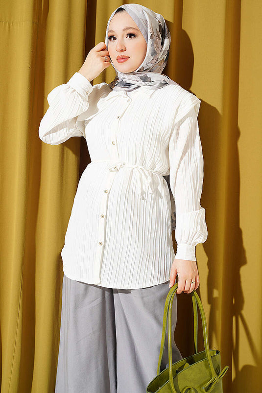 White Shirt With Tie Belt And Detail