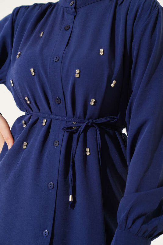 Rope Belted Stoned Shirt Navy Blue