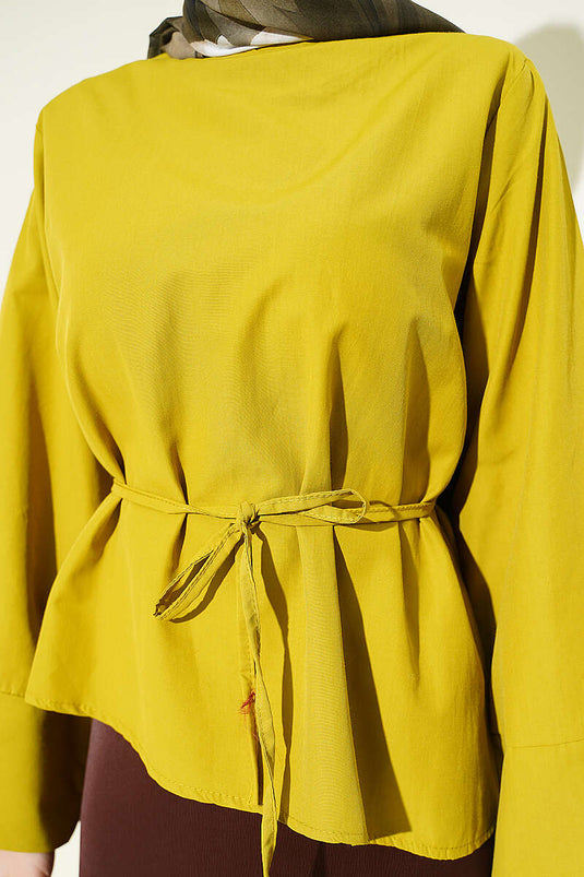 Blouse en tericoton avec ceinture en corde, vert olive