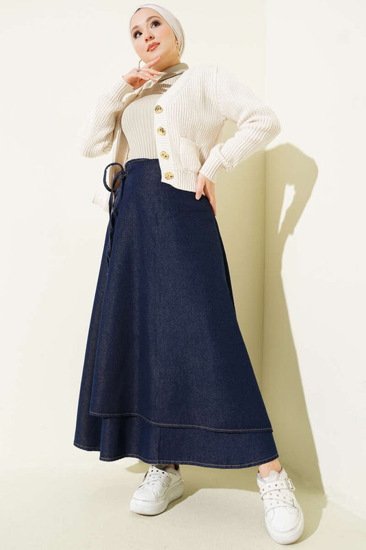 Gonna di jeans blu scuro con laccio laterale al collo