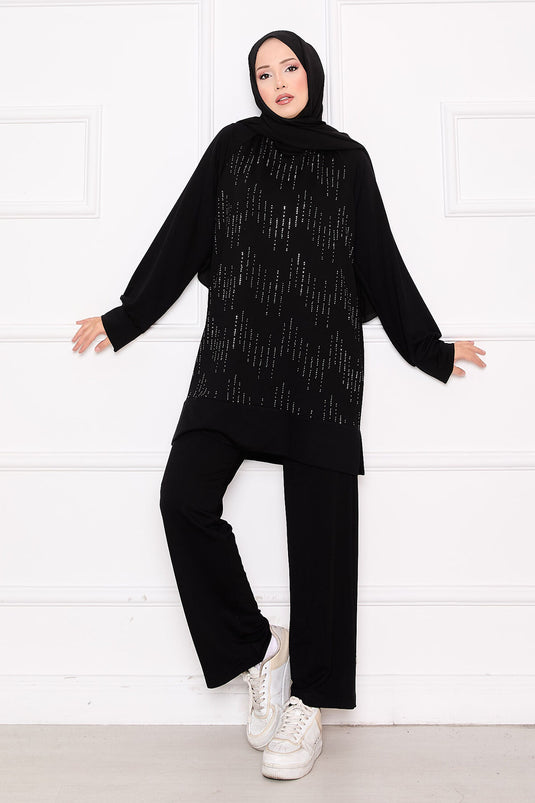 Ensemble deux pièces Oysho noir avec détails en pierres scintillantes