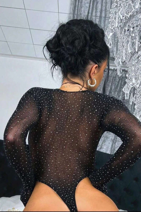 Body De Fantasía Brillante Con Escote En V Profundo En Negro