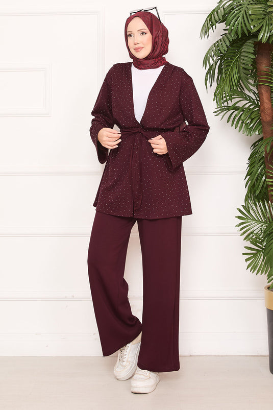 Sparkling Stone Detailed Pleated Oysho Hijab Suit Burgundy