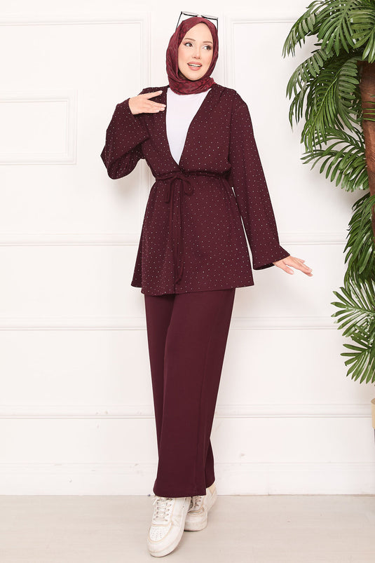 Sparkling Stone Detailed Pleated Oysho Hijab Suit Burgundy
