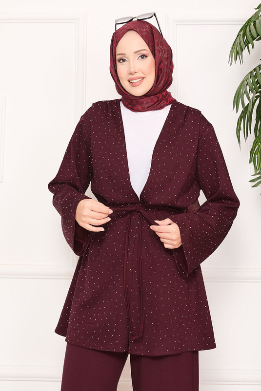 Sparkling Stone Detailed Pleated Oysho Hijab Suit Burgundy